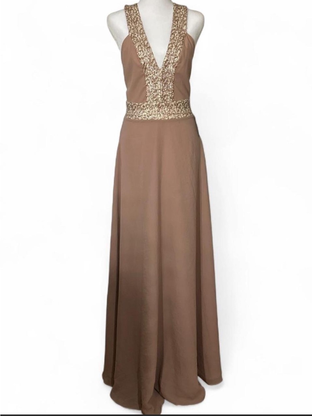 Dress the Population Dusty Rose Maxi Gown with Gold Sequin Trim